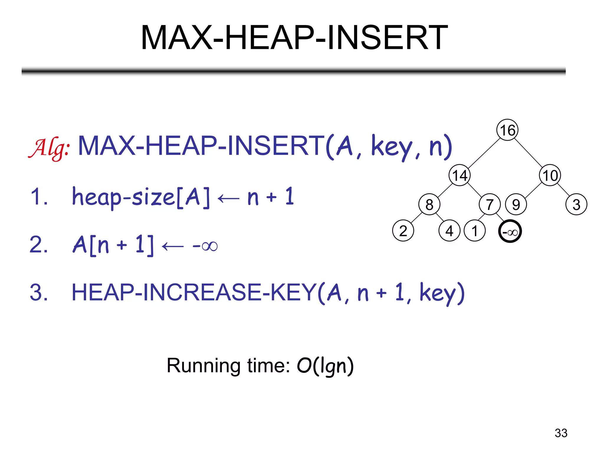 33
MAX-HEAP-INSERT
Alg: MAX-HEAP-INSERT(A, key, n)
1. heap-size[A] ← n + 1
2. A[n + 1] ← -
3. HEAP-INCREASE-KEY(A, n + 1, key)
Running time: O(lgn)
-
8
2 4
14
7
1
16
10
9 3
 