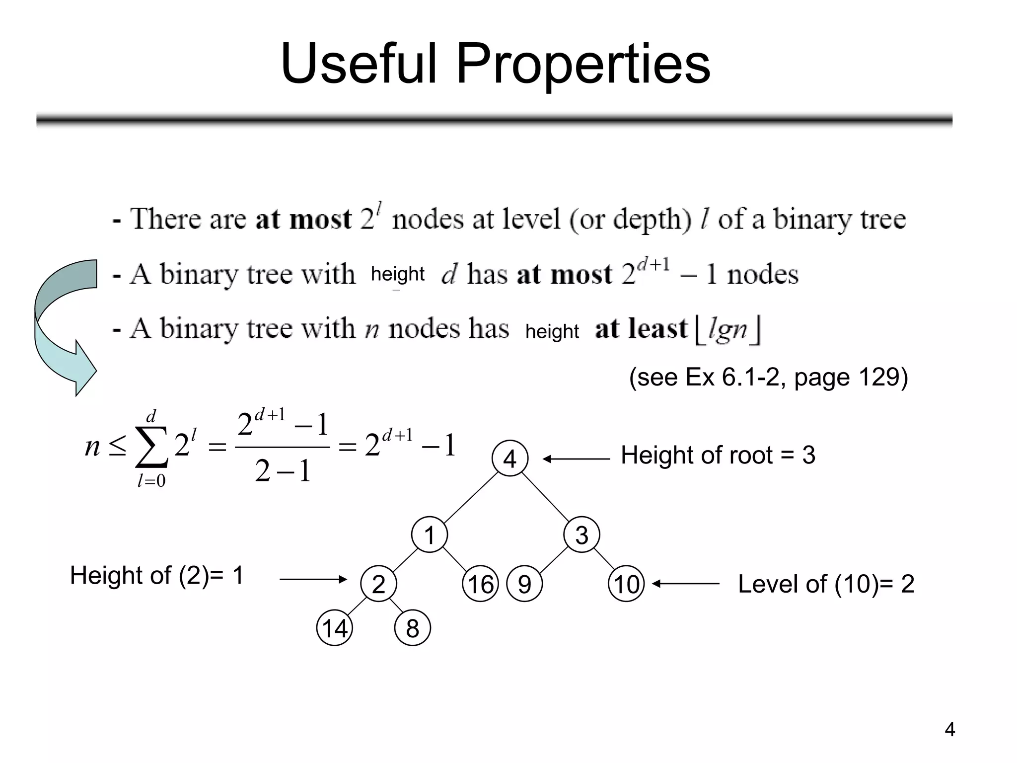 4
Useful Properties
2
14 8
1
16
4
3
9 10
Height of root = 3
Height of (2)= 1 Level of (10)= 2
height
height
1
1
0
2 1
2 2 1
2 1
d
d
l d
l
n




   


(see Ex 6.1-2, page 129)
 