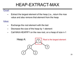 25
HEAP-EXTRACT-MAX
Goal:
– Extract the largest element of the heap (i.e., return the max
value and also remove that element from the heap
Idea:
– Exchange the root element with the last
– Decrease the size of the heap by 1 element
– Call MAX-HEAPIFY on the new root, on a heap of size n-1
Heap A: Root is the largest element
 