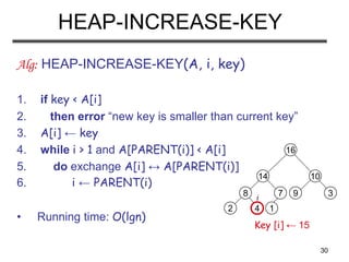 30
HEAP-INCREASE-KEY
Alg: HEAP-INCREASE-KEY(A, i, key)
1. if key < A[i]
2. then error “new key is smaller than current key”
3. A[i] ← key
4. while i > 1 and A[PARENT(i)] < A[i]
5. do exchange A[i] ↔ A[PARENT(i)]
6. i ← PARENT(i)
• Running time: O(lgn)
8
2 4
14
7
1
16
10
9 3
i
Key [i] ← 15
 