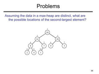 36
Problems
Assuming the data in a max-heap are distinct, what are
the possible locations of the second-largest element?
 