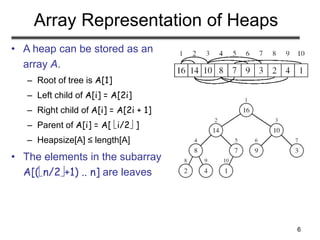 6
Array Representation of Heaps
• A heap can be stored as an
array A.
– Root of tree is A[1]
– Left child of A[i] = A[2i]
– Right child of A[i] = A[2i + 1]
– Parent of A[i] = A[ i/2 ]
– Heapsize[A] ≤ length[A]
• The elements in the subarray
A[(n/2+1) .. n] are leaves
 