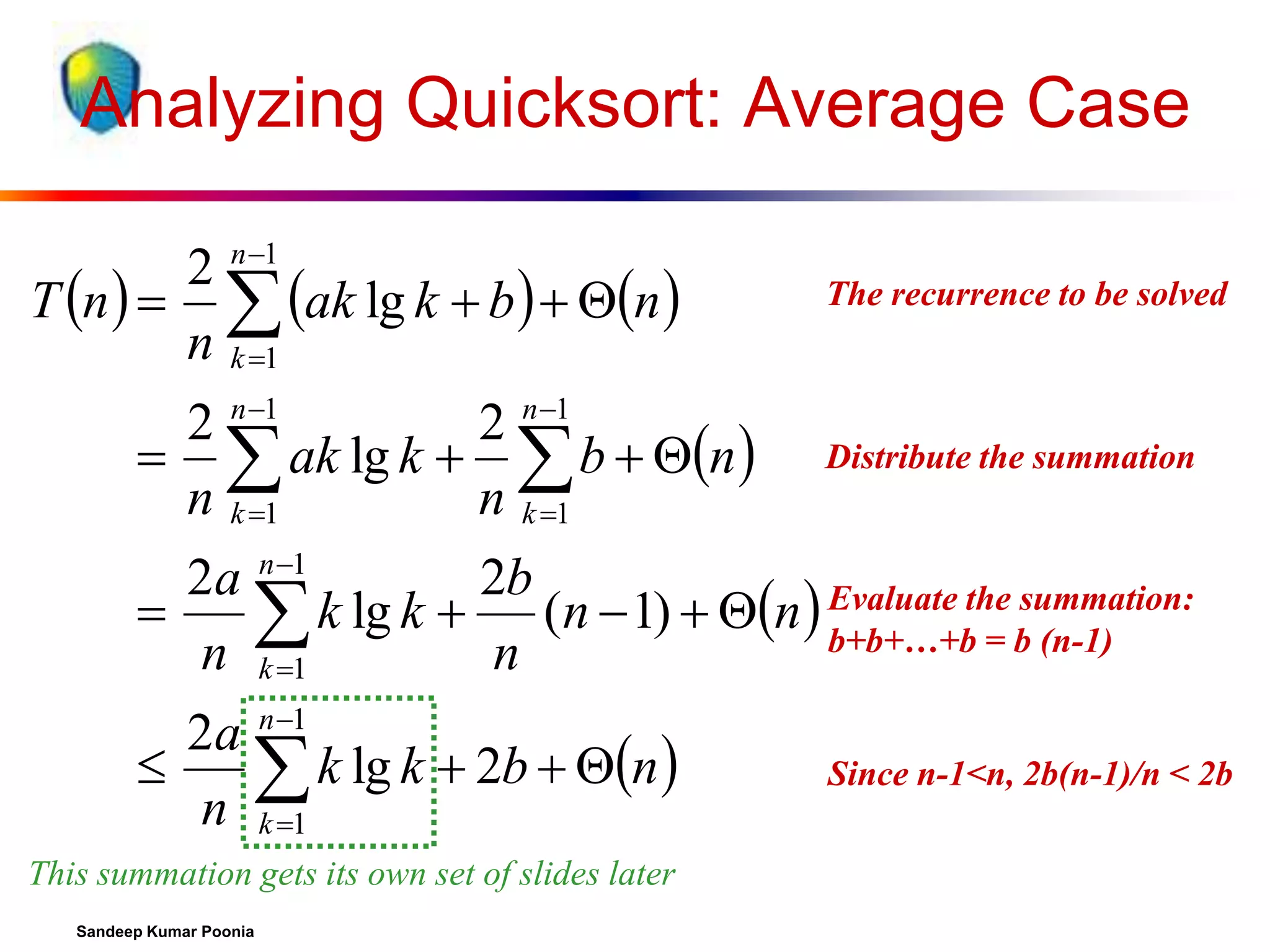 Analyzing Quicksort: Average Case
2 n 1
T n    ak lg k  b   n 
n k 1
2 n 1
2 n 1
  ak lg k   b  n 
n k 1
n k 1

The recurrence to be solved

Distribute the summation
What are we doing here?

2a n 1
2b
the summation:

k lg k  (n  1)  n  Evaluateare we doing here?
What

b+b+…+b = b (n-1)
n k 1
n
2a n 1

 k lg k  2b  n 
n k 1
This summation gets its own set of slides later
Sandeep Kumar Poonia

Since n-1<n,we doing here?
What are 2b(n-1)/n < 2b

 