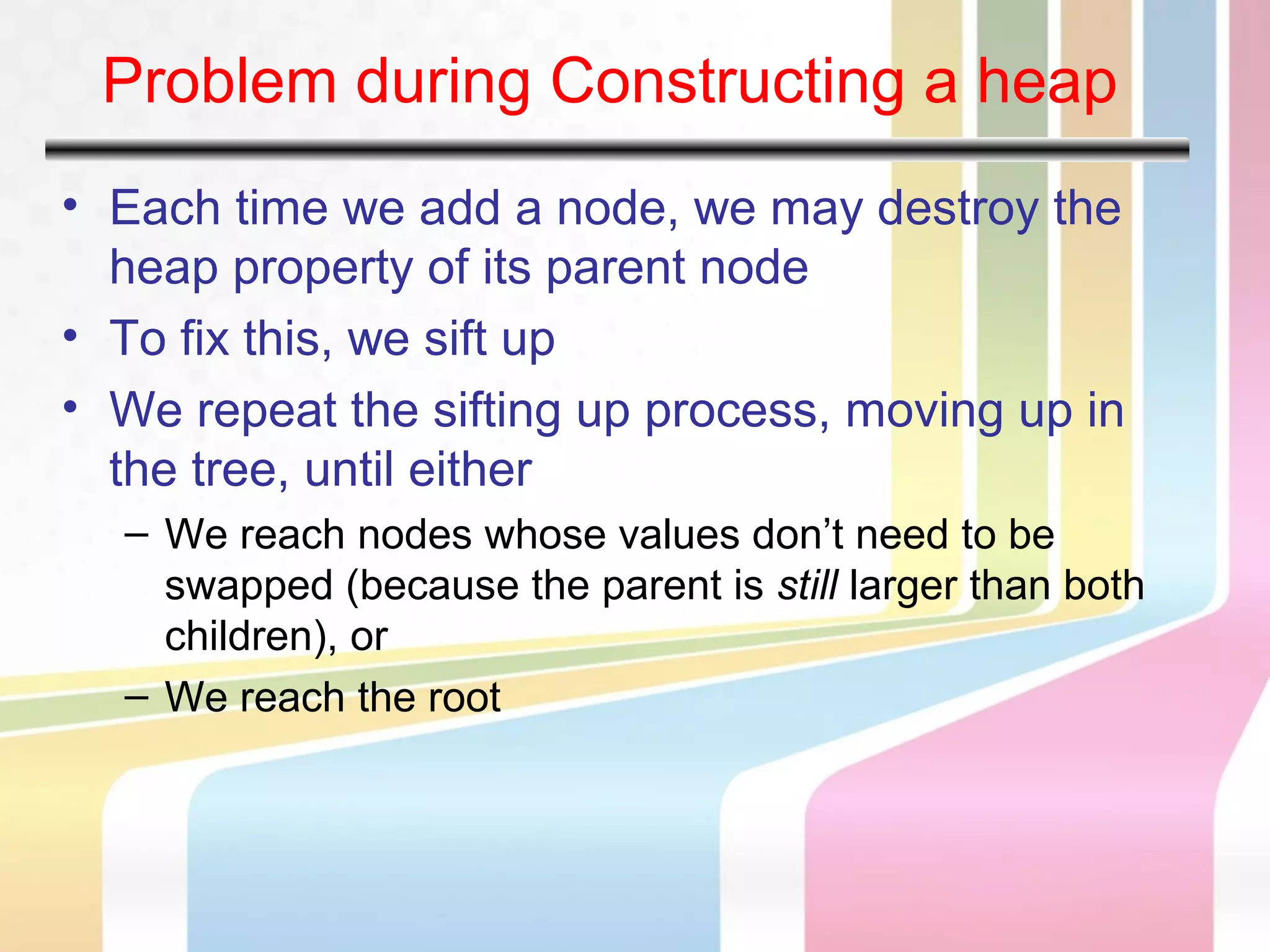 Problem during Constructing a heap
• Each time we add a node, we may destroy the
heap property of its parent node
• To fix this, we sift up
• We repeat the sifting up process, moving up in
the tree, until either
– We reach nodes whose values don’t need to be
swapped (because the parent is still larger than both
children), or
– We reach the root
 