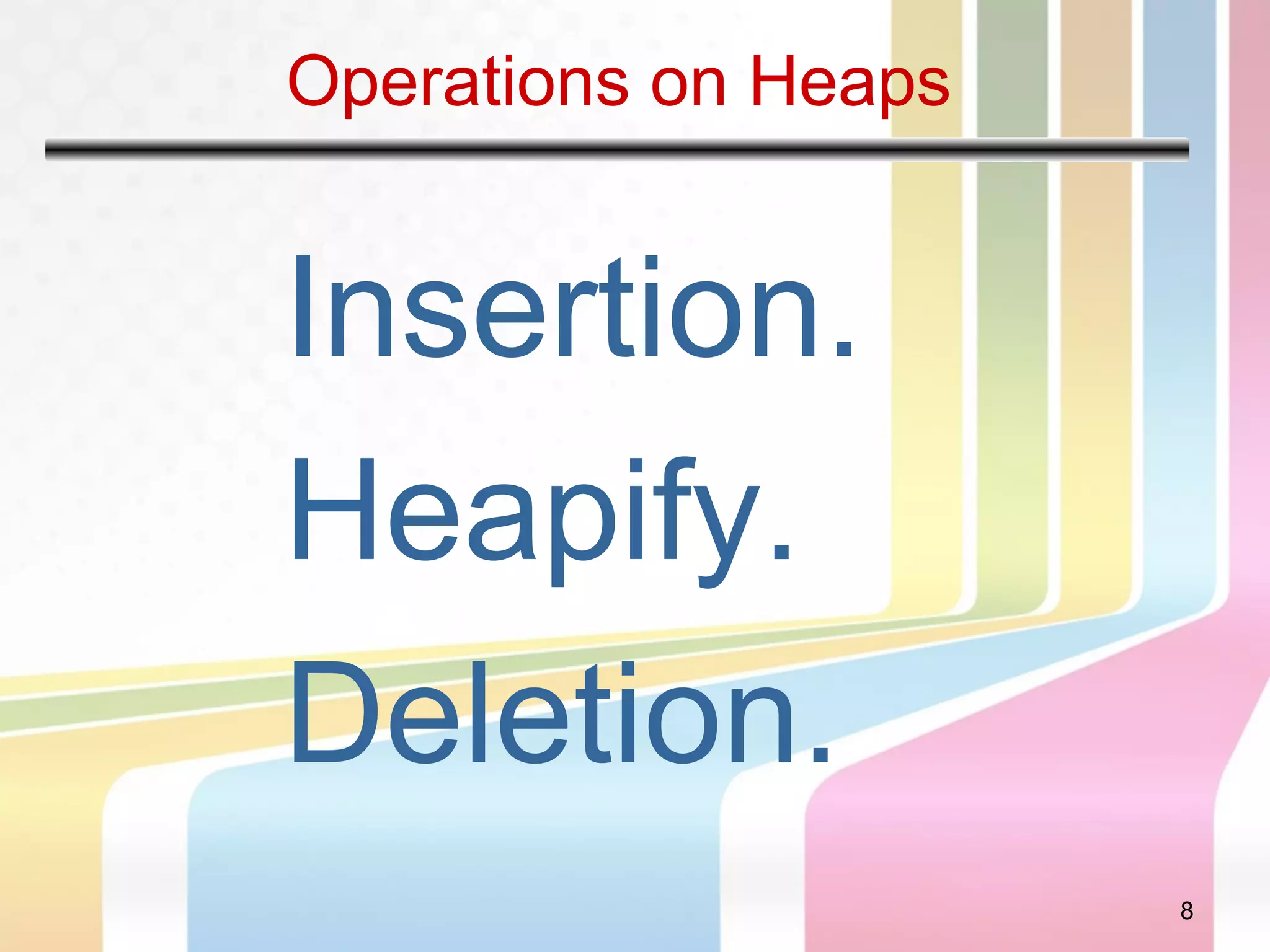 8
Operations on Heaps
Insertion.
Heapify.
Deletion.
 