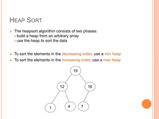 HEAP SORT
 The heapsort algorithm consists of two phases:
- build a heap from an arbitrary array
- use the heap to sort the data
 To sort the elements in the decreasing order, use a min heap
 To sort the elements in the increasing order, use a max heap
19
12 16
4
1 7
 
