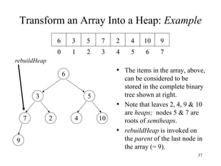 Transform an Array Into a Heap:  Example The items in the array, above, can be considered to be stored in the complete binary tree shown at right. Note that leaves 2, 4, 9 & 10 are  heaps;  nodes 5 & 7 are roots of  semiheaps . rebuildHeap  is invoked on the  parent  of the last node in the array (= 9). 7 2 4 10 9 3 5 6 5 4 3 2 1 0 4 2 7 5 3 6 7 6 9 10 rebuildHeap 