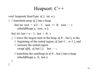 Heapsort:  C++ void  heapsort( ItemType  a[ ],  int  n ) {  // transform array a[ ] into a heap for( int  root  =  n/2 – 1;  root  >=  0;  root – – ) rebuildHeap( a,  root,  n ); for( int  last = n – 1;  last  >  0;  ) {  // move the largest item in the heap, a[ 0 .. last ], to the //  beginning of the sorted region, a[ last+1 .. n–1 ], and //  increase the sorted region swap( a[0],  a[ last ] );  last – – ; // transform the semiheap in a[ 0 .. last ] into a heap rebuildHeap( a,  0,  last ); } } 