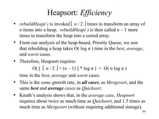 Heapsort:  Efficiency rebuildHeap( )  is invoked     n  / 2    times to transform an array of  n  items into a heap.  rebuildHeap( )  is then called  n  – 1 more times to transform the heap into a sorted array. From our analysis of the heap-based, Priority Queue, we saw that rebuilding a heap takes O( log n ) time in the  best ,  average , and  worst  cases. Therefore, Heapsort requires O( [     n  / 2    + ( n  – 1) ] * log n )  =  O( n log n ) time in the  best ,  average  and  worst  cases. This is the  same  growth rate, in   all cases , as  Mergesort , and the same  best  and  average  cases  as  Quicksort . Knuth’s analysis shows that, in the  average case ,  Heapsort  requires about twice as much time as  Quicksort , and 1.5 times as much time as  Mergesort  (without requiring additional storage). 
