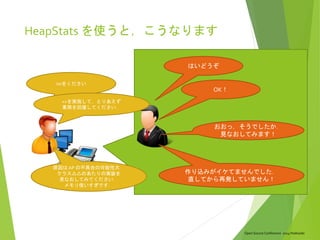 Open Source Conference 2014 Hokkaido
HeapStats を使うと，こうなります
はいどうぞ
○○をください
××を実施して，とりあえず
業務を回復してください．
OK！
原因は AP の不具合の可能性大．
クラス△△のあたりの実装を
見なおしてみてください．
メモリ使いすぎです．
おおっ，そうでしたか．
見なおしてみます！
作り込みがイケてませんでした．
直してから再発していません！
 