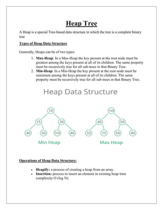 Heap Tree
A Heap is a special Tree-based data structure in which the tree is a complete binary
tree
Types of Heap Data Structure
Generally, Heaps can be of two types:
1. Max-Heap: In a Max-Heap the key present at the root node must be
greatest among the keys present at all of its children. The same property
must be recursively true for all sub-trees in that Binary Tree.
2. Min-Heap: In a Min-Heap the key present at the root node must be
minimum among the keys present at all of its children. The same
property must be recursively true for all sub-trees in that Binary Tree.
Operations of Heap Data Structure:
• Heapify: a process of creating a heap from an array.
• Insertion: process to insert an element in existing heap time
complexity O (log N).
 