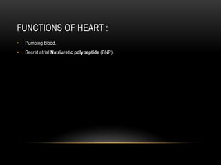 FUNCTIONS OF HEART :
• Pumping blood.
• Secret atrial Natriuretic polypeptide (BNP).
 