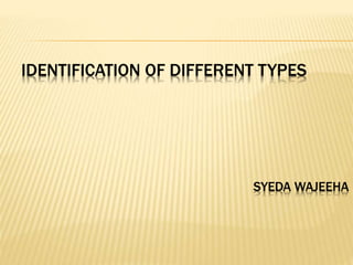 IDENTIFICATION OF DIFFERENT TYPES
SYEDA WAJEEHA
 