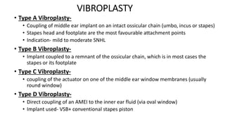 VIBROPLASTY
• Type A Vibroplasty-
• Coupling of middle ear implant on an intact ossicular chain (umbo, incus or stapes)
• Stapes head and footplate are the most favourable attachment points
• Indication- mild to moderate SNHL
• Type B Vibroplasty-
• Implant coupled to a remnant of the ossicular chain, which is in most cases the
stapes or its footplate
• Type C Vibroplasty-
• coupling of the actuator on one of the middle ear window membranes (usually
round window)
• Type D Vibroplasty-
• Direct coupling of an AMEI to the inner ear fluid (via oval window)
• Implant used- VSB+ conventional stapes piston
 