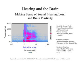 Hearing and the Brain: David K. Ryugo, Ph.D. Curran Foundation Chair of Neuroscience Garvan Institute Darlinghurst 2089, NSW Australia Conjoint Professor School of Medical Sciences University of New South Wales Professor Emeritus Johns Hopkins University Baltimore MD, 21205 USA Making Sense of Sound, Hearing Loss, and Brain Plasticity Supported by grants from the NIH, NHMRC, GP&PW Memorial Foundation, and NSW Office for Science and Medical Research 