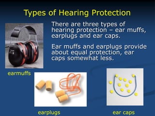 There are three types of
hearing protection – ear muffs,
earplugs and ear caps.
Ear muffs and earplugs provide
about equal protection, ear
caps somewhat less.
Types of Hearing Protection
earmuffs
earplugs ear caps
 