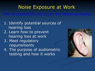 Noise Exposure At Work
1. Identify potential sources of
hearing loss
2. Learn how to prevent
hearing loss at work
3. Meet regulatory
requirements
4. The purpose of audiometric
testing and how it works
This presentation will cover the following topics:
Noise Exposure at Work
 