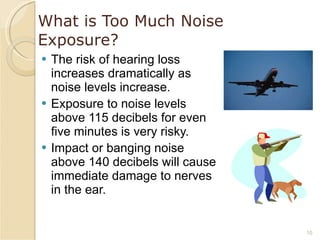 What is Too Much Noise Exposure? The risk of hearing loss increases dramatically as noise levels increase. Exposure to noise levels above 115 decibels for even five minutes is very risky. Impact or banging noise above 140 decibels will cause immediate damage to nerves in the ear. 