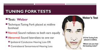 TUNING FORKTESTSTUNING FORKTESTS
Test: Weber
Technique:Tuning Fork placed at midline
forehead
Normal: Sound radiates to both ears equally
Abnormal: Sound lateralizes to one ear
 Ipsilateral Conductive Hearing Loss OR
 Contralateral Sensorineural Hearing Loss
 