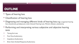 OUTLINEOUTLINE
 Types of hearing loss
 Classification of hearing loss
 Diagnosing and managing different kinds of hearing loss; e.g congenital hearing
loss otosclerosis, presbyacusis, noise Induced Hearing Loss ,Meniers disease ,ototoxicity
 Performing and interpreting various subjective and objective hearing
tests
 Tuning fork test
 PureTone Audiometry
 Impedance Audiometry
 Brain Stem Evoked Response Audiometry
 
