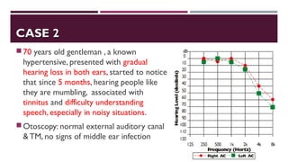 CASE 2CASE 2
70 years old gentleman , a known
hypertensive, presented with gradual
hearing loss in both ears, started to notice
that since 5 months, hearing people like
they are mumbling, associated with
tinnitus and difficulty understanding
speech, especially in noisy situations.
Otoscopy: normal external auditory canal
& TM, no signs of middle ear infection
 