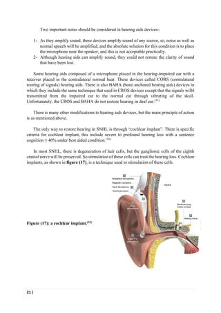 21 |
Two important notes should be considered in hearing aids devices:-
1- As they amplify sound, these devices amplify sound of any source, so, noise as well as
normal speech will be amplified, and the absolute solution for this condition is to place
the microphone near the speaker, and this is not acceptable practically.
2- Although hearing aids can amplify sound, they could not restore the clarity of sound
that have been lost.
Some hearing aids composed of a microphone placed in the hearing-impaired ear with a
receiver placed in the contralateral normal hear. These devices called CORS (contralateral
routing of signals) hearing aids. There is also BAHA (bone anchored hearing aids) devices in
which they include the same technique that used in CROS devices except that the signals wilbl
transmitted from the impaired ear to the normal ear through vibrating of the skull.
Unfortunately, the CROS and BAHA do not restore hearing in deaf ear.(33)
There is many other modifications to hearing aids devices, but the main principle of action
is as mentioned above.
The only way to restore hearing in SNHL is through “cochlear implant”. There is specific
criteria for cochlear implant, this include severe to profound hearing loss with a sentence
cognition ≤ 40% under best aided condition.(34)
In most SNHL, there is degeneration of hair cells, but the ganglionic cells of the eighth
cranial nerve will be preserved. So stimulation of these cells can treat the hearing loss. Cochlear
implants, as shown in figure (17), is a technique used to stimulation of these cells.
Figure (17): a cochlear implant.(32)
 