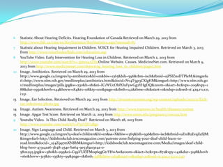 6    Statistic About Hearing Deficits. Hearing Foundation of Canada Retrieved on March 29, 2013 from
     http://www.thfc.ca/cms/en/KeyStatistics/KeyStatistics.aspx?menuid=87
7    Statistic about Hearing Impairment in Children. VOICE for Hearing Impaired Children. Retrieved on March 3, 2013
     from http://www.voicefordeafkids.com/education.asp
8    YouTube Video. Early Intervention for Hearing Loss in Children. Retrieved on March 2, 2013 from
     http://www.youtube.com/watch?v=-3jmo14zZDoOnline Website. Causes. MedicineNet.com. Retrieved on March 9,
     2013 from http://www.medicinenet.com/detecting_hearing_loss_in_children/page2.htm
10   Image. Antibiotics. Retrieved on March 29, 2013 from
     http://www.google.ca/imgres?q=antibiotics&hl=en&biw=1365&bih=596&tbm=isch&tbnid=ojPSlZnsDTPleM:&imgrefu
     rl=http://www.nlm.nih.gov/medlineplus/antibiotics.html&docid=Nv4T5g13CXIgHM&imgurl=http://www.nlm.nih.go
     v/medlineplus/images/pills.jpg&w=230&h=181&ei=IC1WUcObPOaFywGg2YHgDQ&zoom=1&iact=hc&vpx=209&vpy=1
     88&dur=1950&hovh=144&hovw=184&tx=118&ty=100&page=1&tbnh=142&tbnw=181&start=0&ndsp=21&ved=1t:429,r:1,s:0,
     i:151
13   Image. Ear Infection. Retrieved on March 29, 2013 from http://averastorycenter.org/wp-content/uploads/2012/11/Eich-
     ear-infections-photo.jpg
14   Image. Autism Awareness. Retrieved on March 29, 2013 from http://www.topnews.in/health/diseases/autism
15   Image. Apgar Test Score. Retrieved on March 12, 2013 from http://www.umm.edu/pregnancy/000129.htm
9    Youtube Video. Is This Child Really Deaf? Retrieved on March 28, 2013 from
     http://www.youtube.com/watch?v=P5xVJJU2Bgo
10   Image. Sign Language and Child. Retrieved on March 3, 2013 from
     http://www.google.ca/imgres?q=deaf+children&hl=en&sa=X&biw=1365&bih=596&tbm=isch&tbnid=uZniB2EvqZaSJM:
     &imgrefurl=http://kidsbookclub.tescomagazine.com/parents-zone/helping-your-deaf-child-learn-to-
     read.html&docid=_uj4Z997mXNBhM&imgurl=http://kidsbookclub.tescomagazine.com/Media/images/deaf-child-
     blog-hero-47314aa6-3b48-454e-ba64-9e53f9a13e4a-0-
     580x295.jpg&w=580&h=295&ei=Cq9VUZfFMoq6qgGtrYHwAw&zoom=1&iact=hc&vpx=872&vpy=142&dur=3198&hovh
     =160&hovw=315&tx=135&ty=99&page=1&tbnh=138&tbnw=269&start=0&ndsp=20&ved=1t:429,r:5,s:0,i:97
 