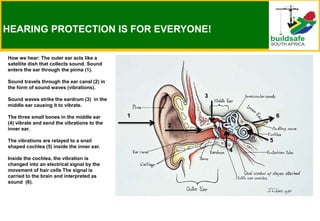 HEARING PROTECTION IS FOR EVERYONE!
How we hear: The outer ear acts like a
satellite dish that collects sound. Sound
enters the ear through the pinna (1).
Sound travels through the ear canal (2) in
the form of sound waves (vibrations).
Sound waves strike the eardrum (3) in the
middle ear causing it to vibrate.
The three small bones in the middle ear
(4) vibrate and send the vibrations to the
inner ear.
The vibrations are relayed to a snail
shaped cochlea (5) inside the inner ear.
Inside the cochlea, the vibration is
changed into an electrical signal by the
movement of hair cells The signal is
carried to the brain and interpreted as
sound (6).
1
2
3
4
5
6
 