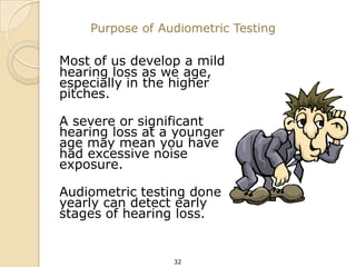 Purpose of Audiometric Testing

Most of us develop a mild
hearing loss as we age,
especially in the higher
pitches.

A severe or significant
hearing loss at a younger
age may mean you have
had excessive noise
exposure.

Audiometric testing done
yearly can detect early
stages of hearing loss.


                 32
 
