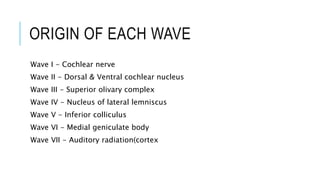 ORIGIN OF EACH WAVE
Wave I - Cochlear nerve
Wave II - Dorsal & Ventral cochlear nucleus
Wave III - Superior olivary complex
Wave IV - Nucleus of lateral lemniscus
Wave V - Inferior colliculus
Wave VI - Medial geniculate body
Wave VII - Auditory radiation(cortex
 