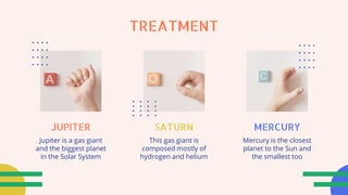 JUPITER
This gas giant is
composed mostly of
hydrogen and helium
SATURN
Jupiter is a gas giant
and the biggest planet
in the Solar System
MERCURY
Mercury is the closest
planet to the Sun and
the smallest too
TREATMENT
 