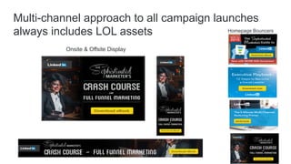 Multi-channel approach to all campaign launches
always includes LOL assets Homepage Bouncers
Onsite & Offsite Display
 