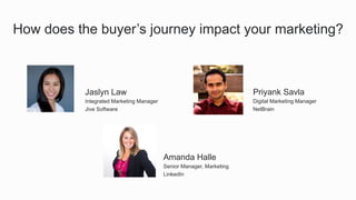 How does the buyer’s journey impact your marketing?
​ Amanda Halle
​ Senior Manager, Marketing
​ LinkedIn
​ Jaslyn Law
​ Integrated Marketing Manager
​ Jive Software
​ Priyank Savla
​ Digital Marketing Manager
​ NetBrain
 
