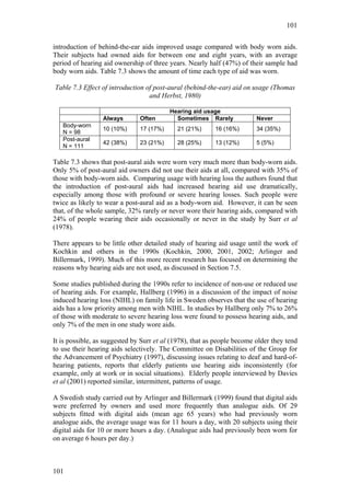 101


introduction of behind-the-ear aids improved usage compared with body worn aids.
Their subjects had owned aids for between one and eight years, with an average
period of hearing aid ownership of three years. Nearly half (47%) of their sample had
body worn aids. Table 7.3 shows the amount of time each type of aid was worn.

Table 7.3 Effect of introduction of post-aural (behind-the-ear) aid on usage (Thomas
                                  and Herbst, 1980)

                                          Hearing aid usage
                  Always       Often        Sometimes Rarely             Never
   Body-worn
                  10 (10%)     17 (17%)     21 (21%)      16 (16%)       34 (35%)
   N = 98
   Post-aural
                  42 (38%)     23 (21%)     28 (25%)      13 (12%)       5 (5%)
   N = 111

Table 7.3 shows that post-aural aids were worn very much more than body-worn aids.
Only 5% of post-aural aid owners did not use their aids at all, compared with 35% of
those with body-worn aids. Comparing usage with hearing loss the authors found that
the introduction of post-aural aids had increased hearing aid use dramatically,
especially among those with profound or severe hearing losses. Such people were
twice as likely to wear a post-aural aid as a body-worn aid. However, it can be seen
that, of the whole sample, 32% rarely or never wore their hearing aids, compared with
24% of people wearing their aids occasionally or never in the study by Surr et al
(1978).

There appears to be little other detailed study of hearing aid usage until the work of
Kochkin and others in the 1990s (Kochkin, 2000, 2001, 2002; Arlinger and
Billermark, 1999). Much of this more recent research has focused on determining the
reasons why hearing aids are not used, as discussed in Section 7.5.

Some studies published during the 1990s refer to incidence of non-use or reduced use
of hearing aids. For example, Hallberg (1996) in a discussion of the impact of noise
induced hearing loss (NIHL) on family life in Sweden observes that the use of hearing
aids has a low priority among men with NIHL. In studies by Hallberg only 7% to 26%
of those with moderate to severe hearing loss were found to possess hearing aids, and
only 7% of the men in one study wore aids.

It is possible, as suggested by Surr et al (1978), that as people become older they tend
to use their hearing aids selectively. The Committee on Disabilities of the Group for
the Advancement of Psychiatry (1997), discussing issues relating to deaf and hard-of-
hearing patients, reports that elderly patients use hearing aids inconsistently (for
example, only at work or in social situations). Elderly people interviewed by Davies
et al (2001) reported similar, intermittent, patterns of usage.

A Swedish study carried out by Arlinger and Billermark (1999) found that digital aids
were preferred by owners and used more frequently than analogue aids. Of 29
subjects fitted with digital aids (mean age 65 years) who had previously worn
analogue aids, the average usage was for 11 hours a day, with 20 subjects using their
digital aids for 10 or more hours a day. (Analogue aids had previously been worn for
on average 6 hours per day.)



101
 