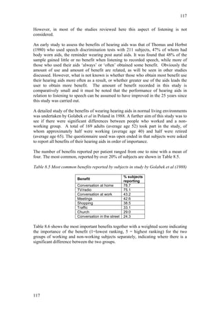 117


However, in most of the studies reviewed here this aspect of listening is not
considered.

An early study to assess the benefits of hearing aids was that of Thomas and Herbst
(1980) who used speech discrimination tests with 211 subjects, 47% of whom had
body worn aids, the reminder wearing post aural aids. It was found that 48% of the
sample gained little or no benefit when listening to recorded speech, while more of
those who used their aids ‘always’ or ‘often’ obtained some benefit. Obviously the
amount of use and amount of benefit are related, as will be seen in other studies
discussed. However, what is not known is whether those who obtain most benefit use
their hearing aids more often as a result, or whether greater use of the aids leads the
user to obtain more benefit. The amount of benefit recorded in this study is
comparatively small and it must be noted that the performance of hearing aids in
relation to listening to speech can be assumed to have improved in the 25 years since
this study was carried out.

A detailed study of the benefits of wearing hearing aids in normal living environments
was undertaken by Golabek et al in Poland in 1988. A further aim of this study was to
see if there were significant differences between people who worked and a non-
working group. A total of 169 adults (average age 52) took part in the study, of
whom approximately half were working (average age 40) and half were retired
(average age 65). The questionnaire used was open ended in that subjects were asked
to report all benefits of their hearing aids in order of importance.

The number of benefits reported per patient ranged from one to nine with a mean of
four. The most common, reported by over 20% of subjects are shown in Table 8.5.

Table 8.5 Most common benefits reported by subjects in study by Golabek et al (1988)

                                                     % subjects
                        Benefit
                                                     reporting
                        Conversation at home         78.7
                        TV/radio                     75.1
                        Conversation at work         43.2
                        Meetings                     42.6
                        Shopping                     38.5
                        Traffic                      33.1
                        Church                       29.0
                        Conversation in the street   24.3

Table 8.6 shows the most important benefits together with a weighted score indicating
the importance of the benefit (1=lowest ranking, 5 = highest ranking) for the two
groups of working and non-working subjects separately, indicating where there is a
significant difference between the two groups.




117
 