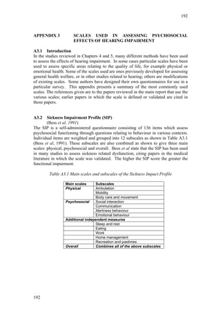192



APPENDIX 3            SCALES USED IN ASSESSING PSYCHOSOCIAL
                      EFFECTS OF HEARING IMPAIRMENT

A3.1 Introduction
In the studies reviewed in Chapters 4 and 5, many different methods have been used
to assess the effects of hearing impairment. In some cases particular scales have been
used to assess specific areas relating to the quality of life, for example physical or
emotional health. Some of the scales used are ones previously developed for assessing
general health welfare, or in other studies related to hearing; others are modifications
of existing scales. Some authors have designed their own questionnaires for use in a
particular survey. This appendix presents a summary of the most commonly used
scales. The references given are to the papers reviewed in the main report that use the
various scales; earlier papers in which the scale is defined or validated are cited in
those papers.


A3.2    Sickness Impairment Profile (SIP)
        (Bess et al, 1991)
The SIP is a self-administered questionnaire consisting of 136 items which assess
psychosocial functioning through questions relating to behaviour in various contexts.
Individual items are weighted and grouped into 12 subscales as shown in Table A3.1
(Bess et al, 1991). These subscales are also combined as shown to give three main
scales: physical, psychosocial and overall. Bess et al state that the SIP has been used
in many studies to assess sickness related dysfunction, citing papers in the medical
literature in which the scale was validated. The higher the SIP score the greater the
functional impairment.

         Table A3.1 Main scales and subscales of the Sickness Impact Profile

                  Main scales     Subscales
                  Physical        Ambulation
                                  Mobility
                                  Body care and movement
                  Psychosocial    Social interaction
                                  Communication
                                  Alertness behaviour
                                  Emotional behaviour
                  Additional independent measures
                                  Sleep and rest
                                  Eating
                                  Work
                                  Home management
                                  Recreation and pastimes
                  Overall         Combines all of the above subscales




192
 