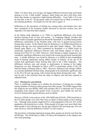27


Table 3.18 shows that, over all ages, the biggest difference between male and female
hearing is in the ‘a little trouble’ category, males being one and a half times more
likely than females to experience slight hearing difficulties. From Table 3.19 it can
be seen that, in the 45 - 64 age group, males are around twice as likely as females to
have hearing problems. For people over 64, the ratio is again 1.5.

Differences in the prevalence of hearing loss among males and females have also
been considered in the European studies discussed in previous sections (see also
Appendix 2 for data from these studies).

In the Italian study (Quaranta et al, 1996) no significant differences were found
between hearing levels of men and women. In comparing Danish, Swedish and
Welsh studies of people aged between 80 and 90, Rosenhall et al (2000) found gender
differences, particularly in the Swedish study, with men in general having poorer
hearing than women. In the Danish study by Karlsmose et al (2000) deterioration in
hearing with age was more pronounced in male than female subjects. The earlier
Danish study (Bech et al, 1996) considered by Rosenhall et al (2000) found no
statistically significant differences between male and female subjects in terms of
hearing level from 0.5 to 4 kHz. However, when hearing at higher frequencies was
considered, significant differences were found with women having better hearing than
men. A similar difference was found by Hietenan et al (2004) in their longitudinal
study of hearing impairment among elderly people in Finland. At the age of 90
women had significantly better hearing than men at the 4 kHz frequency. The
differences between men and women in deterioration in hearing at the higher
frequencies are also illustrated by Davis (1997) in presenting results of the UK
National Study of Hearing (Davis, 1995). However, Johansson and Arlinger (2003),
in a recently published Swedish study, found gender to be statistically significant only
in the 50 to 60 year age group, with women having better hearing than men. This
may be due to the exclusion from the study of subjects who had been exposed to
industrial noise.

3.6.2 Hearing loss and ethnicity
There is conflicting evidence as to whether the prevalence of hearing loss is higher
among members of minority ethnic groups than other groups. The RNID suggests that
this might be the case (RNID, 2003) and considers that it is especially true of recent
immigrants from regions with greater levels of poverty, poor health care and low
levels of immunization against diseases such as rubella.

However, O'Neill, in his analysis of the 1994 NHIS data (O’Neill, 1999) found that in
the US white people were more than twice as likely as black people to have hearing
loss. Although white people comprised 83% of the population of the US, 91% of the
population with hearing loss is white. White people of all ages were more likely than
black people to have hearing loss, but the gap widened with increasing age. (It is not
clear, however, what the definition of 'black' is in this context.)

The prevalence of hearing impairment among ethnic groups can also be seen from the
NCHS data. The NCHS data in Table 3.20 shows the breakdown of the subjects into
four racial groupings.




27
 