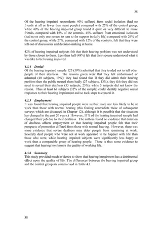 38


Of the hearing impaired respondents 40% suffered from social isolation (had no
friends at all or fewer than most people) compared with 25% of the control group,
while 40% of the hearing impaired group found it quite or very difficult to make
friends, compared with 15% of the controls. 45% suffered from emotional isolation
(had no or only one person to turn to for support in daily life) compared with 26% of
the control group; while 27%, compared with 12% of the controls, felt that they were
left out of discussions and decision-making at home.

42% of hearing impaired subjects felt that their hearing problem was not understood
by those closest to them. Less than half (48%) felt that their spouse understood what it
was like to be hearing impaired.

4.3.4 Denial
Of the hearing impaired sample 125 (59%) admitted that they tended not to tell other
people of their deafness. The reasons given were that they felt embarrassed or
ashamed (40 subjects, 19%); they had found that if they did admit their hearing
problem then the public treated them badly (27 subjects, 13%); they felt they did not
need to reveal their deafness (53 subjects, 25%); while 5 subjects did not know the
reason. Thus at least 67 subjects (32% of the sample) could identify negative social
responses to their hearing impairment and so took steps to conceal it.

4.3.5 Employment
It was found that hearing impaired people were neither more nor less likely to be at
work than those with normal hearing (this finding contradicts those of subsequent
surveys which are discussed in Chapter 12), although it is possible that the situation
has changed in the past 20 years.) However, 11% of the hearing impaired sample had
changed their job due to their deafness. The authors found no evidence that duration
of deafness affects employment or that hearing impaired people felt that their
prospects of promotion differed from those with normal hearing. However, there was
some evidence that severe deafness may deter people from remaining at work.
Severely deaf people who were not at work appeared to be happier with life than
those who were, while hearing impaired subjects were significantly less happy at
work than a comparable group of hearing people. There is thus some evidence to
suggest that hearing loss lowers the quality of working life.

4.3.6 Summary
This study provided much evidence to show that hearing impairment has a detrimental
effect upon the quality of life. The differences between the hearing impaired group
and the control group are summarised in Table 4.1.




38
 