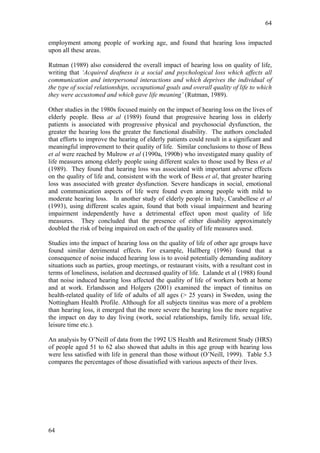 64


employment among people of working age, and found that hearing loss impacted
upon all these areas.

Rutman (1989) also considered the overall impact of hearing loss on quality of life,
writing that ‘Acquired deafness is a social and psychological loss which affects all
communication and interpersonal interactions and which deprives the individual of
the type of social relationships, occupational goals and overall quality of life to which
they were accustomed and which gave life meaning’ (Rutman, 1989).

Other studies in the 1980s focused mainly on the impact of hearing loss on the lives of
elderly people. Bess at al (1989) found that progressive hearing loss in elderly
patients is associated with progressive physical and psychosocial dysfunction, the
greater the hearing loss the greater the functional disability. The authors concluded
that efforts to improve the hearing of elderly patients could result in a significant and
meaningful improvement to their quality of life. Similar conclusions to those of Bess
et al were reached by Mulrow et al (1990a, 1990b) who investigated many quality of
life measures among elderly people using different scales to those used by Bess et al
(1989). They found that hearing loss was associated with important adverse effects
on the quality of life and, consistent with the work of Bess et al, that greater hearing
loss was associated with greater dysfunction. Severe handicaps in social, emotional
and communication aspects of life were found even among people with mild to
moderate hearing loss. In another study of elderly people in Italy, Carabellese et al
(1993), using different scales again, found that both visual impairment and hearing
impairment independently have a detrimental effect upon most quality of life
measures. They concluded that the presence of either disability approximately
doubled the risk of being impaired on each of the quality of life measures used.

Studies into the impact of hearing loss on the quality of life of other age groups have
found similar detrimental effects. For example, Hallberg (1996) found that a
consequence of noise induced hearing loss is to avoid potentially demanding auditory
situations such as parties, group meetings, or restaurant visits, with a resultant cost in
terms of loneliness, isolation and decreased quality of life. Lalande et al (1988) found
that noise induced hearing loss affected the quality of life of workers both at home
and at work. Erlandsson and Holgers (2001) examined the impact of tinnitus on
health-related quality of life of adults of all ages (> 25 years) in Sweden, using the
Nottingham Health Profile. Although for all subjects tinnitus was more of a problem
than hearing loss, it emerged that the more severe the hearing loss the more negative
the impact on day to day living (work, social relationships, family life, sexual life,
leisure time etc.).

An analysis by O’Neill of data from the 1992 US Health and Retirement Study (HRS)
of people aged 51 to 62 also showed that adults in this age group with hearing loss
were less satisfied with life in general than those without (O’Neill, 1999). Table 5.3
compares the percentages of those dissatisfied with various aspects of their lives.




64
 