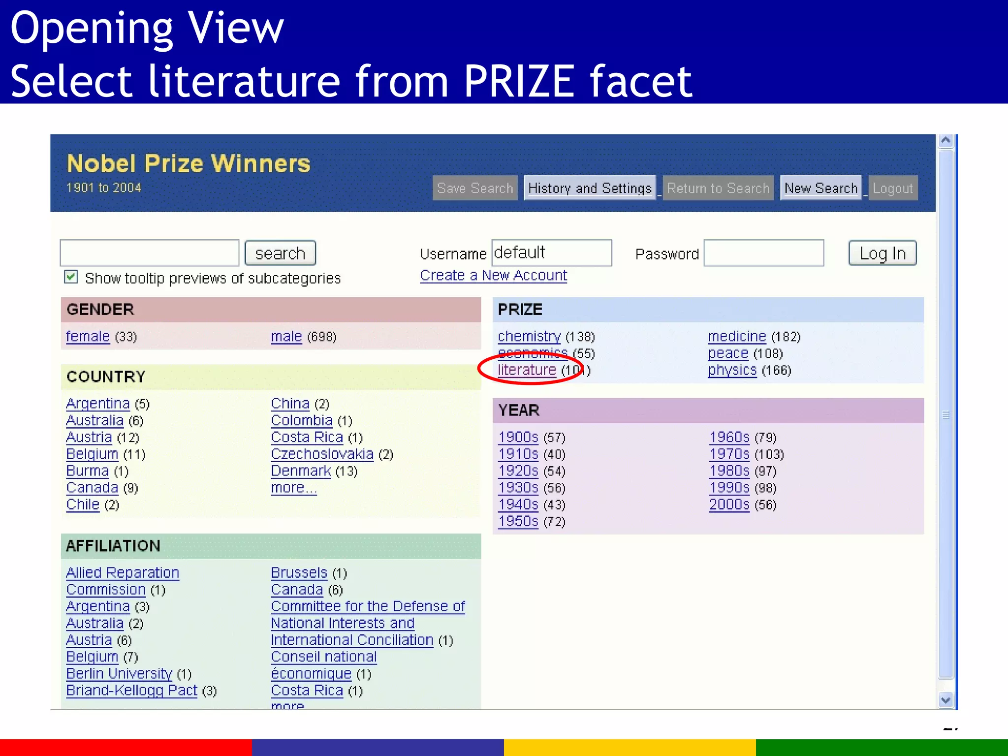 Opening View Select literature from PRIZE facet 