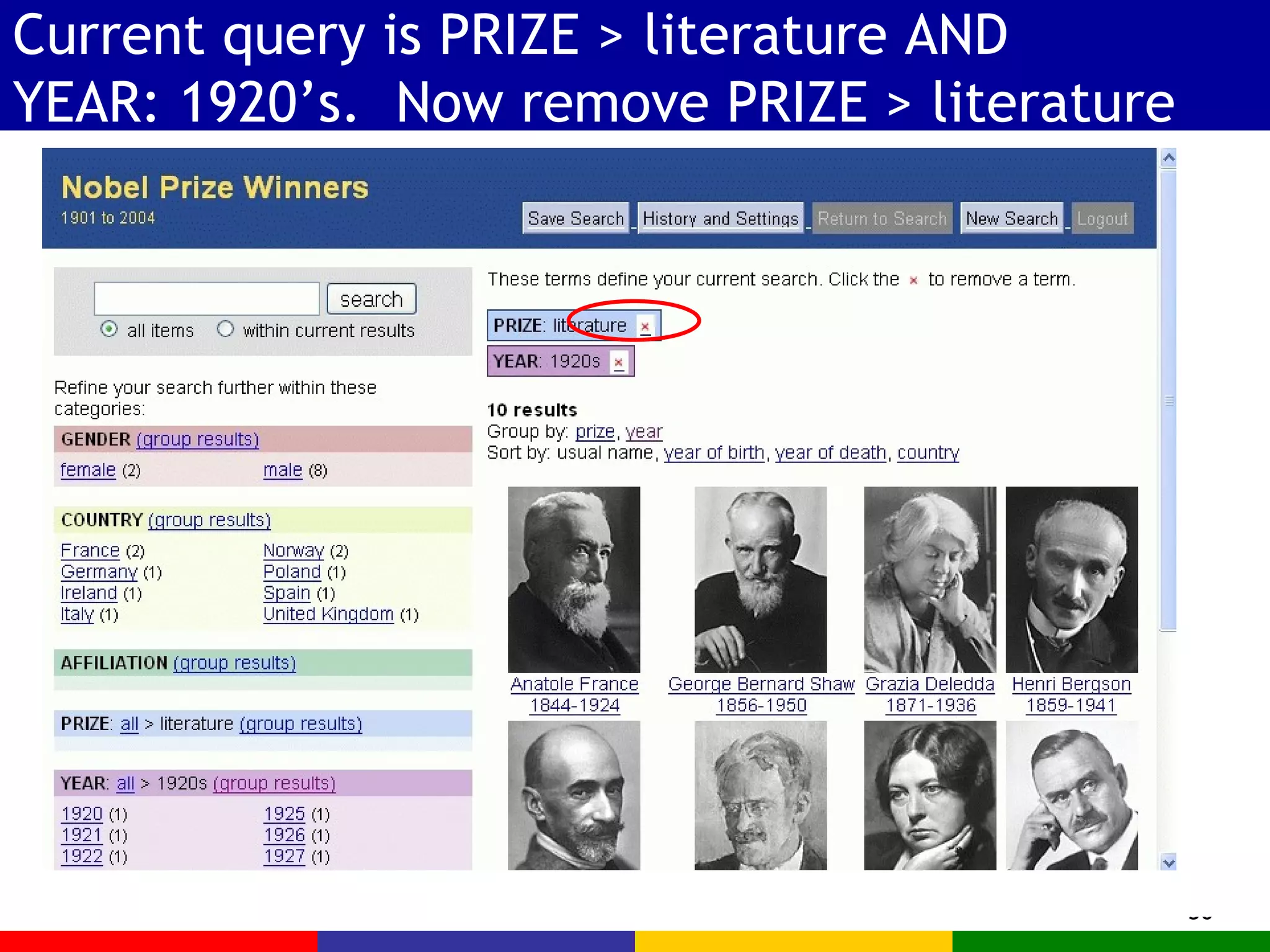 Current query is PRIZE > literature AND YEAR: 1920’s.  Now remove PRIZE > literature 