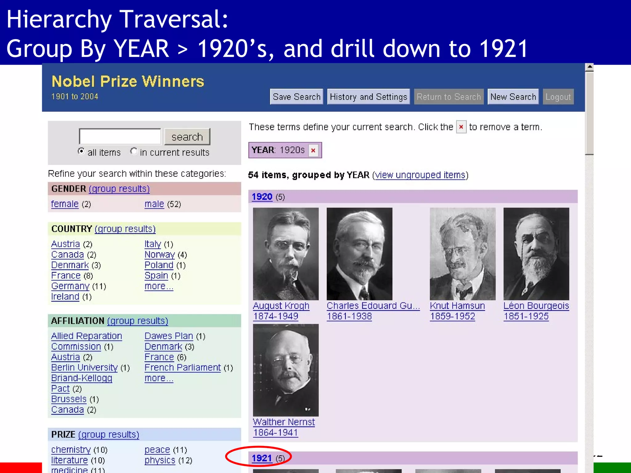 Hierarchy Traversal: Group By YEAR > 1920’s, and drill down to 1921 