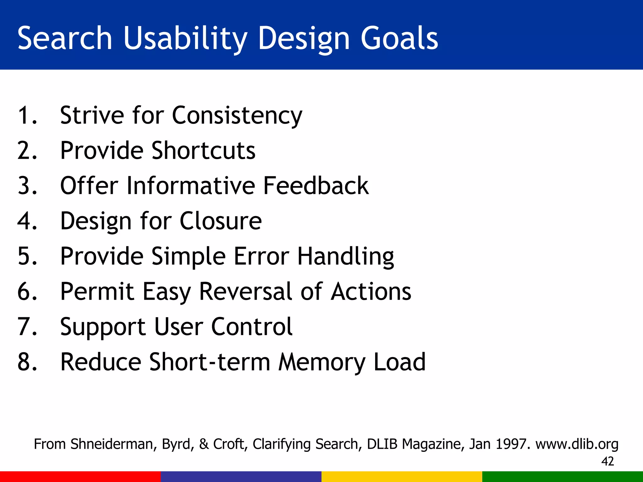 Search Usability Design Goals Strive for Consistency Provide Shortcuts Offer Informative Feedback Design for Closure Provide Simple Error Handling Permit Easy Reversal of Actions Support User Control Reduce Short-term Memory Load From Shneiderman, Byrd, & Croft, Clarifying Search, DLIB Magazine, Jan 1997. www.dlib.org 