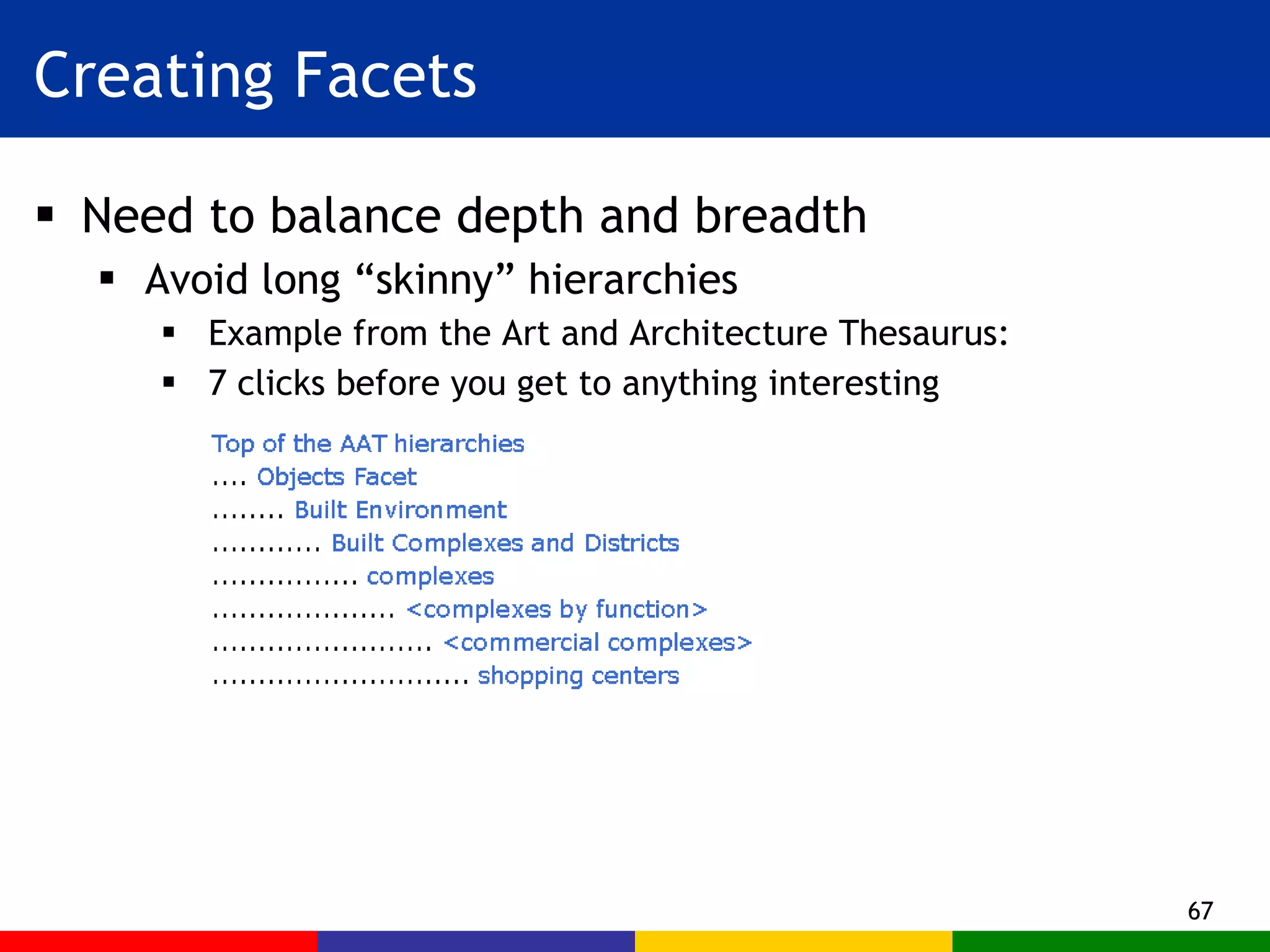 Creating Facets Need to balance depth and breadth Avoid long “skinny” hierarchies  Example from the Art and Architecture Thesaurus: 7 clicks before you get to anything interesting 