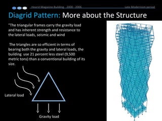 Hearst Magazine Building 2000 - 2006 Late Modernism period
Diagrid Pattern: More about the Structure
"The triangular frames carry the gravity load
and has inherent strength and resistance to
the lateral loads, seismic and wind
The triangles are so efficient in terms of
bearing both the gravity and lateral loads, the
building use 21 percent less steel (9,500
metric tons) than a conventional building of its
size.
Lateral load
Gravity load
 