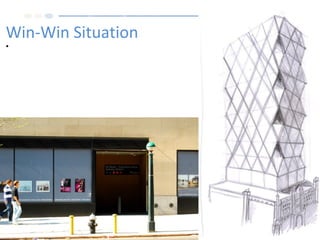 Hearst Magazine Building 2000 - 2006 Late Modernism period
Win-Win Situation
•As it is situated above the subway, the project also had
to go through the Uniform Land Use Review Procedure.
In the end, in exchange for improvements to the subway
station—including a new entrance, installing three
elevators and adding moving stairwells—Hearst was
given a bonus of six floors to add onto the tower.
 