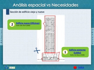 Siguiente
Índice
Sección de edificio viejo y nuevo
Anterior
1
Edificio existente
(Lobby)
Estilo: Art Deco (1928)
2 Edificio nuevo (Oficinas)
Estilo: Bio-Tech (2006)
 
