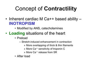 Concept of  Contractility Inherent cardiac M Ca++ based ability –  INOTROPISM Modified by ANS, catecholamines Loading  situations of the heart Preload Stretch-induced enhancement in contraction More overlapping of thick & thin filaments More Ca ++  sensitivity of troponin C More Ca ++  release from SR After load  