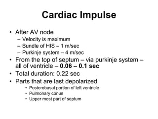 Cardiac Impulse After AV node  Velocity is maximum Bundle of HIS – 1 m/sec Purkinje system – 4 m/sec From the top of septum – via purkinje system – all of ventricle –  0.06 – 0.1 sec Total duration: 0.22 sec Parts that are last depolarized Posterobasal portion of left ventricle Pulmonary conus Upper most part of septum 
