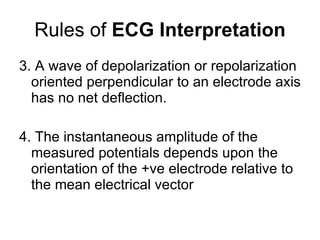 Rules of  ECG Interpretation 3. A wave of depolarization or repolarization oriented perpendicular to an electrode axis has no net deflection. 4. The instantaneous amplitude of the measured potentials depends upon the orientation of the +ve electrode relative to the mean electrical vector 